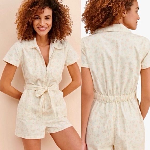 Urban Outfitters Nuuly Rosetta Floral Romper utility shorts zip tie sash large - Picture 17 of 17